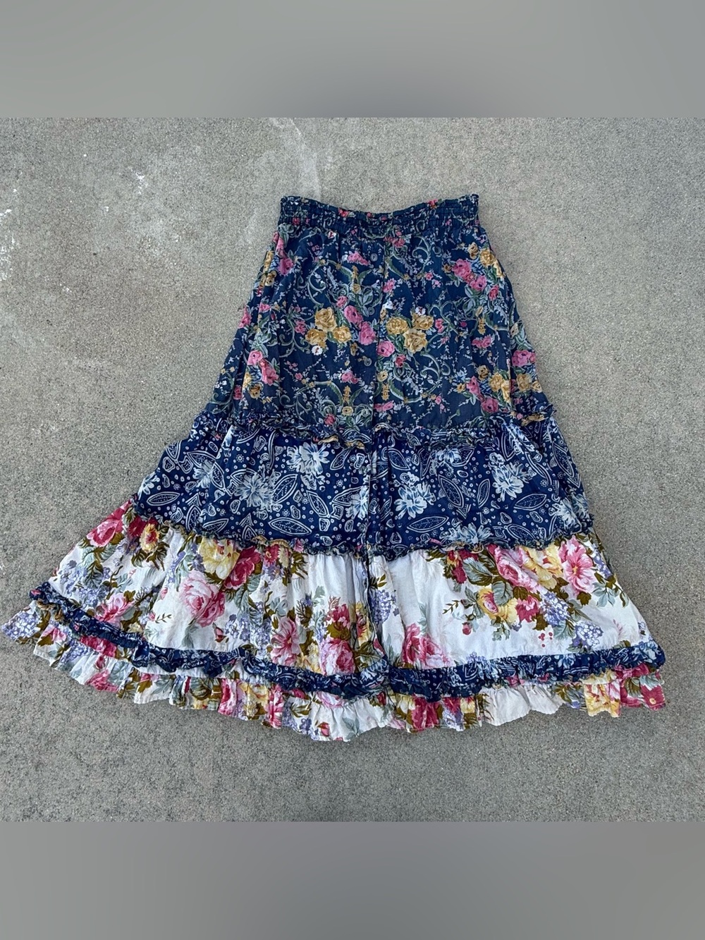 Boho maxi skirt tiered patchwork blue floral and paisley prints button front